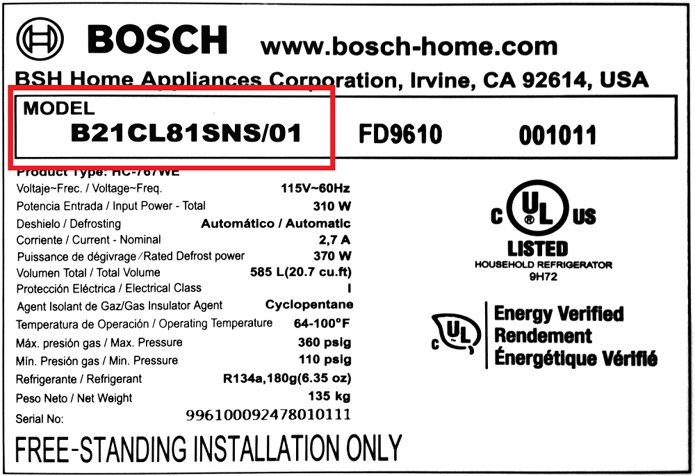 Bosch appliance rating plate showing model number and serial number location